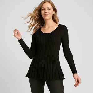 Max Studio Black Ribbed Pleated Knit Long Sleeve Top M Minimalist Tunic Preppy